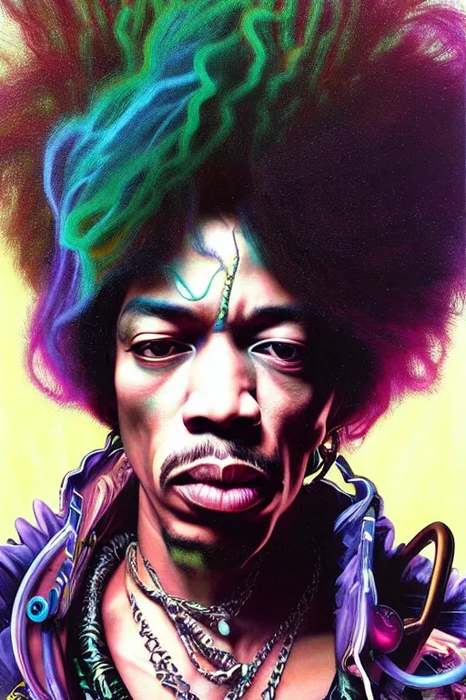 Prompt: A Weirdcore Mesmerizing 8k hyperrealistic portrait of cyberpunk Jimi Hendrix with electric neon hair strands, floating in spirals of iridescent mycelum, painted by Caravaggio, artgerm and raymond swanland and alphonse mucha