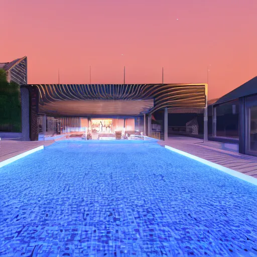 Image similar to a bar made with translucid fabric, swimming pool in front, parametric, blue hour, hyperrealistic, elevation, vray, unreal engine, architecture, luxigon