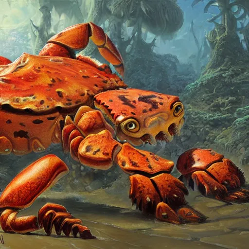 Image similar to tiger - crab creature, oil painting by justin gerard