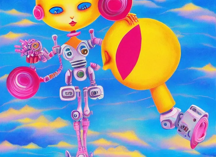 Image similar to a cute robot girl holds the world in her hand, an ultrafine detailed painting by lisa frank, trending on deviantart, pop surrealism, whimsical, lowbrow, colorful