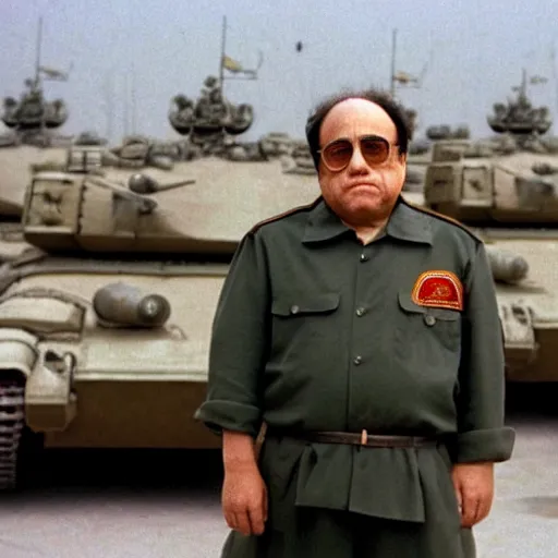 Prompt: Danny DeVito standing in front of Chinese tanks, photograph taken by AP, Tiananmen Square, Beijing