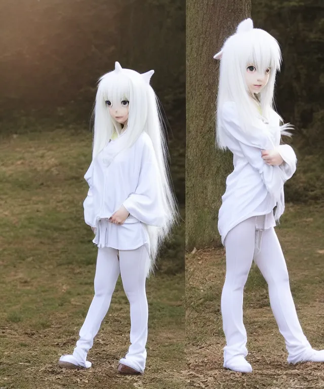 Image similar to full body cute adorable young anime kitsune with white curly hair, style of neytrix