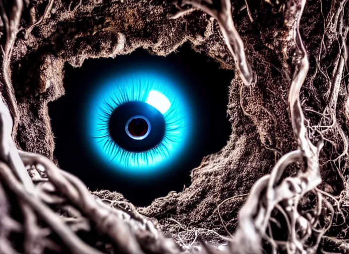 Prompt: photo of an eyeball in a cavern wrapped in roots underground. Fantasy magic style. Highly detailed 8k. Intricate. Nikon d850 55mm. Award winning photography.