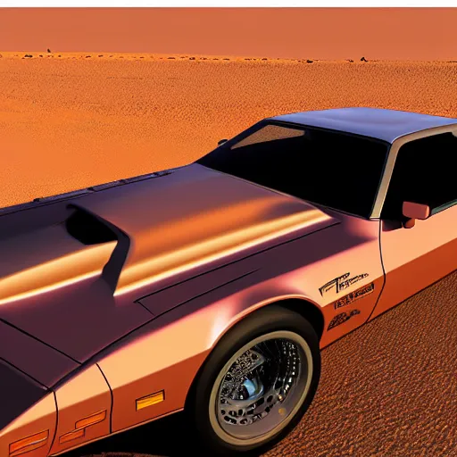 Image similar to hyperdetailed, photorealistic photograph of a 1 9 8 2 pontiac firebird trans - am driving in the desert, rain, night, dense fog, hd, unreal engine 5 by greg rutowski, by stanley artgerm, by alphonse mucha