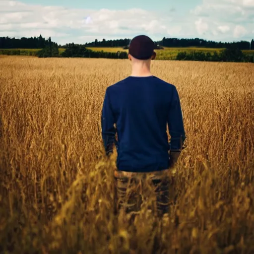 Prompt: a man standing in a field, photo real