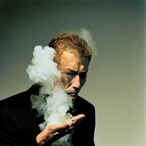 Image similar to annie liebovitz photo of a man with a puff of smoke instead of his head