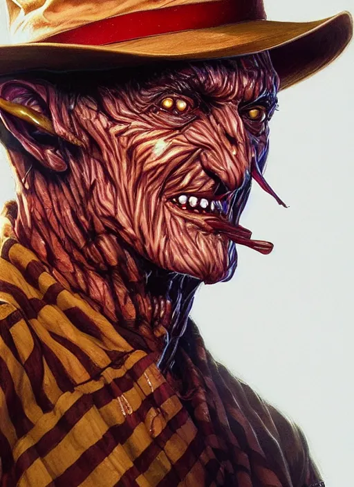 Image similar to Freddy Krueger, highly detailed, centered, solid color background, digital painting, artstation, concept art, smooth, sharp focus, illustration, Jason Edmiston, donato giancola, Joseph Christian Leyendecker, Les Edwards, Ed Repka, WLOP, Artgerm