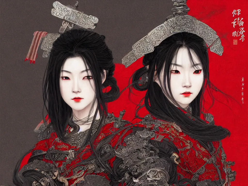 Image similar to portrait dark grey hair han so hee female samurai, wearings black and red samurai armor, at jaapnese temple night, ssci - fi and fantasy, intricate and very very beautiful and elegant, highly detailed, digital painting, artstation, concept art, smooth and sharp focus, illustration, art by tian zi and wlop and alphonse mucha