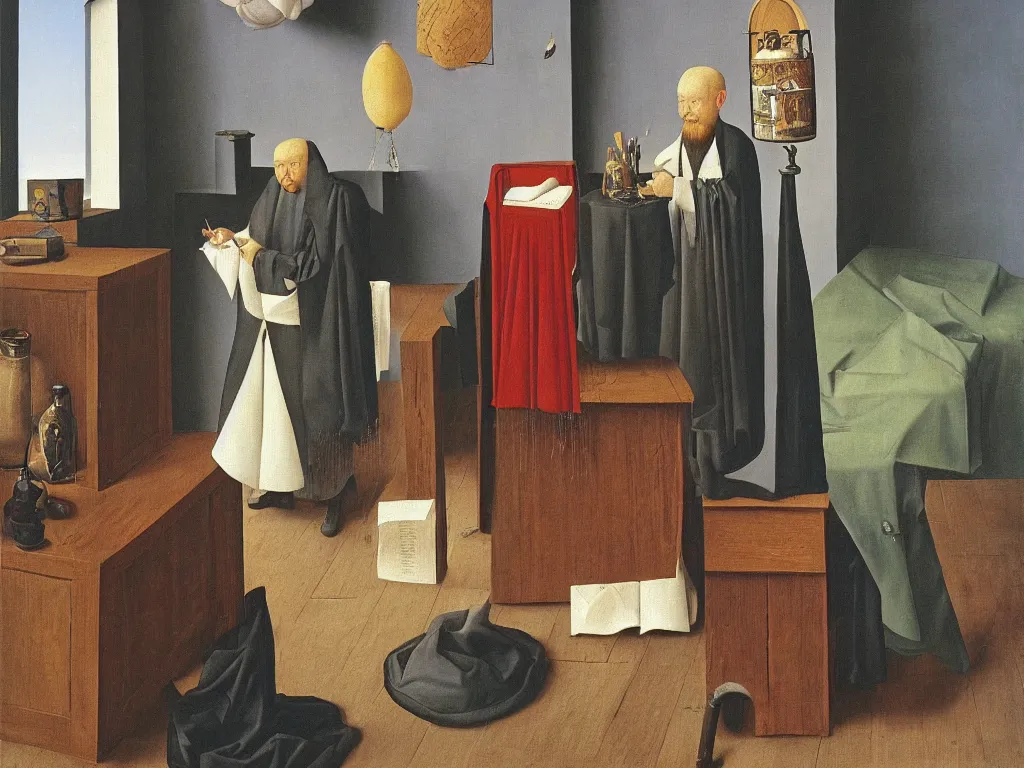 Image similar to obituary for an alchemist. painting by jan van eyck, rene magritte