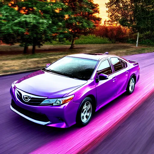 Image similar to purple tornado, blue toyota camry driving away, sunset, 4k, realism, photograph