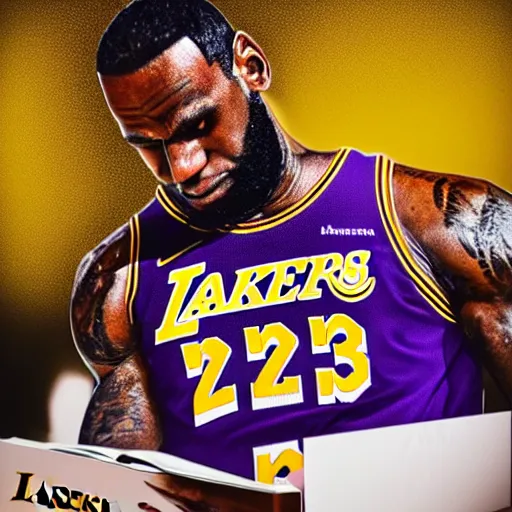 Prompt: lebron james struggling to read a book with a sad angry face at a lakers game except they're all golfing, 8 k by james gurney artstation hyperrealism photo - realistic photography volumetric lighting