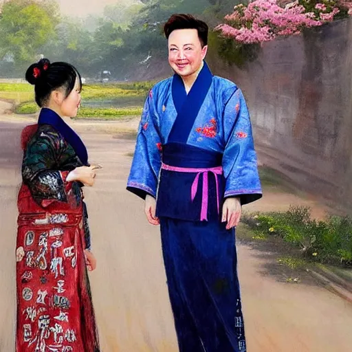 Prompt: elon musk wearing a hanfu with lily embroidery, in the style of Konstantin Razumov, extremely detailed