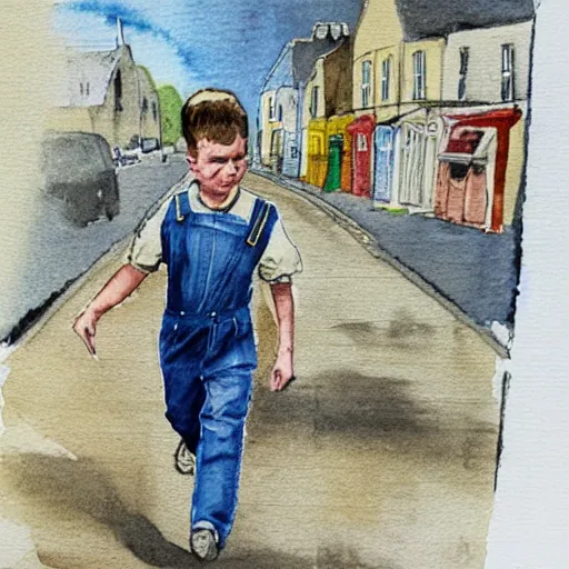 Prompt: a young boy wearing dungarees runs down a street in bellshill scotland. the houses are made of tic - tac sweet boxes. watercolour