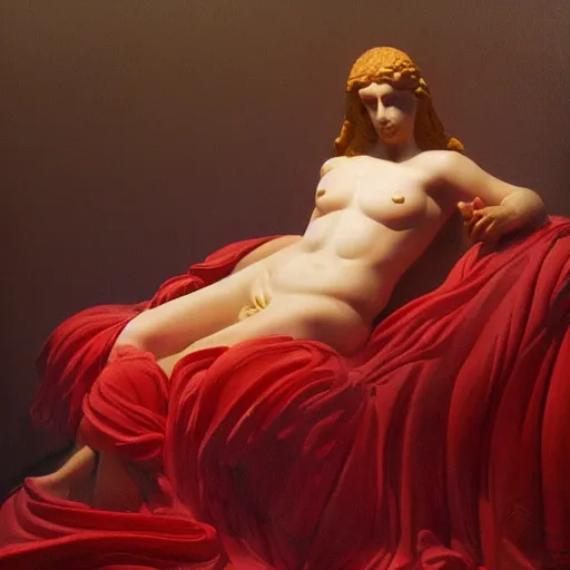 Prompt: A beautiful oil painting of a Ancient Greek Marble Sculpture of a Greek Scarlet Johannsen lying on a silk cloth, fog, volumetric lighting, summer, hyperrealistic, hyperdetailed.