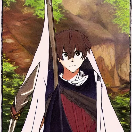 Image similar to teen fantasy boy in cloak with a staff with long brown hair covering a gem imbed on his forehead in a fantasy setting, tsubasa chronicles style, anime style