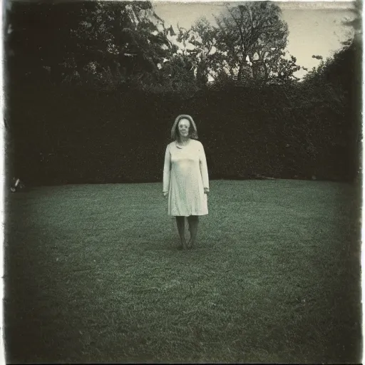 Image similar to woman at lawn, polaroid photography in style of andrey tarkovski, mystical, faith, sense of paranormal