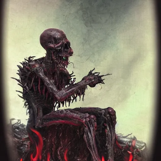 Prompt: the grim ripper contemplating his work after harvesting the soul of the living. fire all around. realistic, high detail