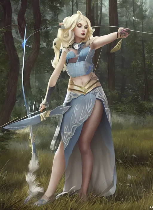 Image similar to ashe, from league of legends, shooting arrows with a silver bow, wearing fluffy skin, long skirt, hyper detailed, digital art, trending in artstation, cinematic lighting, studio quality, zoom in, smooth render, unreal engine 5 rendered, octane rendered, art style by klimt and nixeu and ian sprigger and wlop and krenz cushart