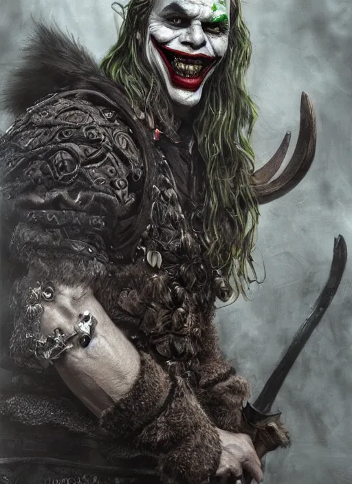 Prompt: portrait of the joker as a viking viking in skyrim valheim, splash art, artwork by james jean, hyperdetailed realistic