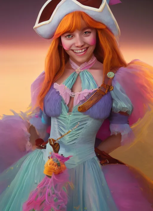 Image similar to detailed full body concept colorful pastel painting of a Disney pirate princess in intricate clothing, cinematic lighting, hyperdetailed, 8k, high resolution, insanely detailed and intricate, octane render, vfx, postprocessing, freckles, alluring