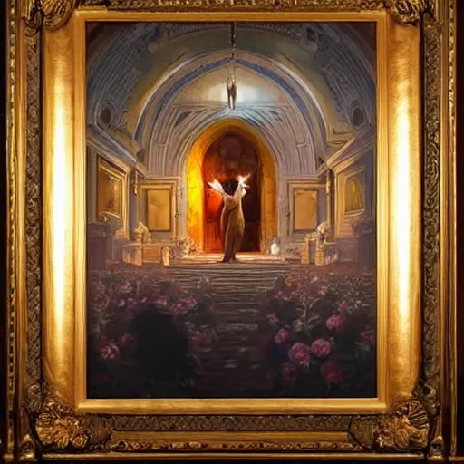 Image similar to a Masterpieces portrait of trump in flowers radiates holy light in the church in the style of greg rutkowski,epic lighting,moebius style,oil on canvas