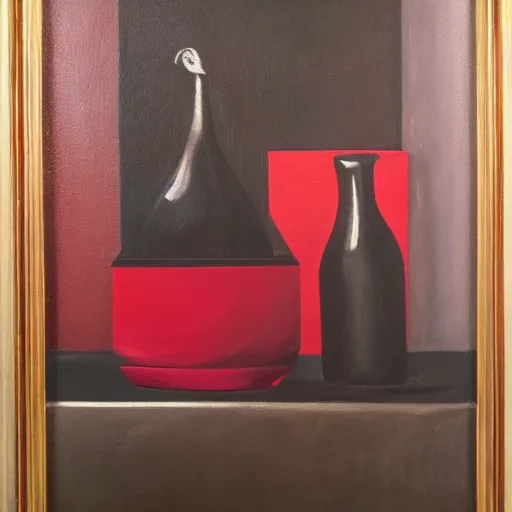 Image similar to a monochromatic nature morte painting in a bright red frame