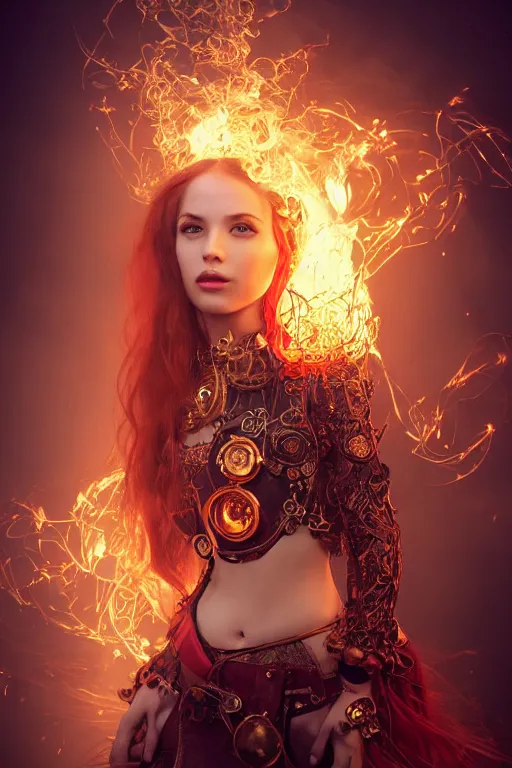 Image similar to a beautiful image of a young woman, steampunk Chandra queen of fire, big google over head, long flowing hair of fire, steampunk costume mostly red and gold young female face, cinematic top lighting, insanely detailed and intricate, face by wlop, Charlie Bowater, golden ratio, symmetric, elegant, ornate, luxury, elite, matte painting, cinematic, trending on artstation, dewviantarta and cgsociety, 8k, high resolution