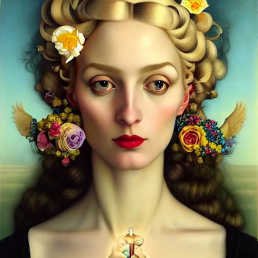 Image similar to centered portrait composition, woman with blonde hair full of spring flowers wearing ornate earrings, ornate gilded details, pastel colors, a surrealist painting by tom bagshaw and jacek yerga and tamara de lempicka and jesse king, wiccan, pre - raphaelite, featured on cgsociety, pop surrealism, surrealist, dramatic lighting