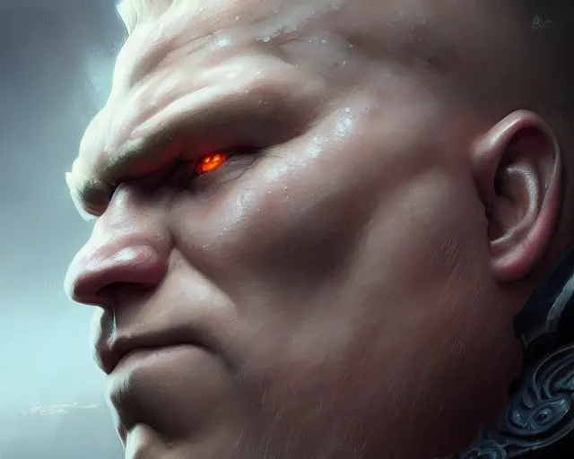 Image similar to close up of brock lesnar, deep focus, d & d, fantasy, intricate, elegant, highly detailed, digital painting, artstation, concept art, matte, sharp focus, illustration, hearthstone, art by artgerm and greg rutkowski and alphonse mucha