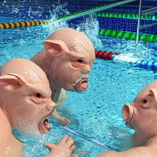 Image similar to photo, two old men fight pig mutants 5 3 8 2 8 inside a swimming pool, highly detailed, scary, volumetric lighting, front view