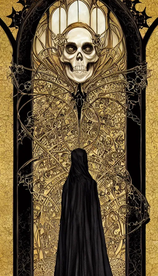 Image similar to a skeleton in a black cloak, highly detailed, very intricate, art nouveau, gold filigree, left right symmetry, tarot concept art watercolor illustration by mandy jurgens and alphonse mucha and alena aenami, featured on artstation