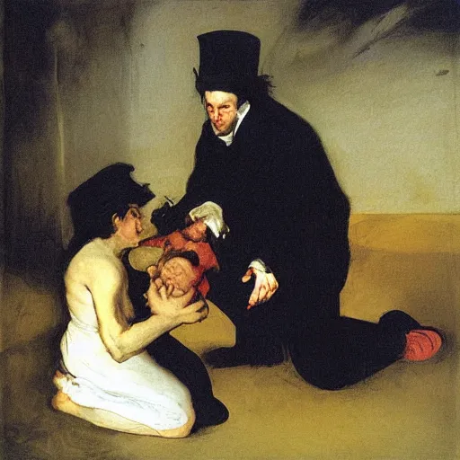 Image similar to the nostalgia critic devouring his son, painting by francisco goya