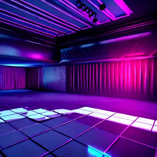 Image similar to the inside of magic city in atlanta, empty strip club, a stage with strip poles, empty stage, trending on artstation, depth field, unreal engine, cinematic, hyper realism, high detail, octane cinema 4 d render, a 2 4 cinematography, 8 k