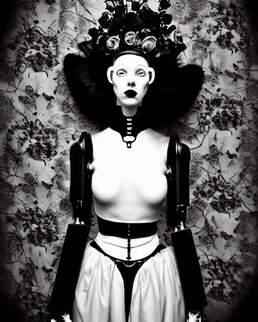 Image similar to dreamy surreal poetic black and white photo of a beautiful young bio-mechanical-female-cyborg-robot with a very long neck and a super big gothic lace collar and a very high big floral crown with many black dry roses by Vivienne Westwood:: smoke, high fashion, haute couture, rococo, avant-garde, elegant, dreamy, hyper realistic, 150 mm lens, soft rim light, octane render, unreal engine, picture was taken in 1910 by Dora Maar, volumetric lighting, dramatic light,8k,