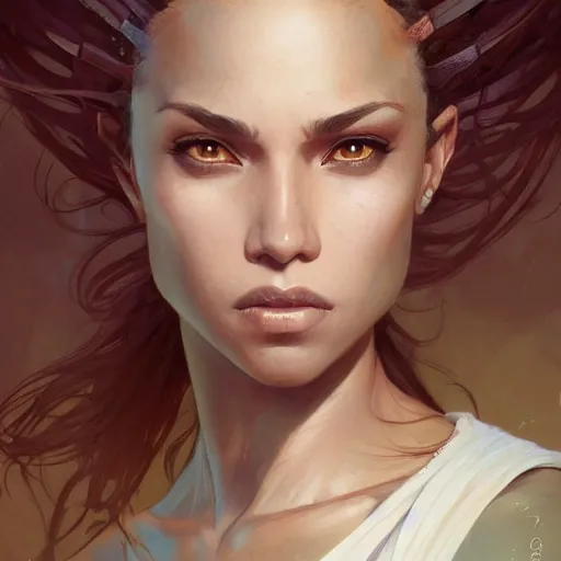 Image similar to beautiful, strong, mixed race, female, aged 4 0, face, head shot, fantasy, highly detailed, digital painting, artstation, concept art, smooth, sharp focus, illustration, art by artgerm and greg rutkowski and alphonse mucha