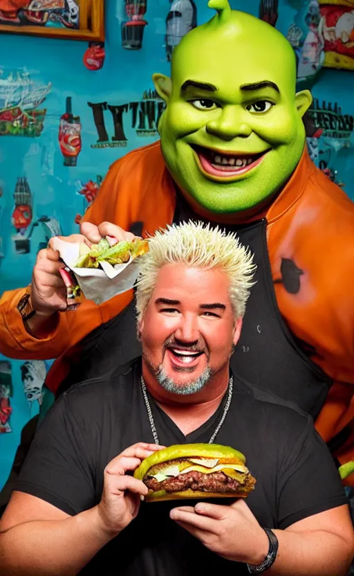 Image similar to guy fieri as shrek, eating a juicy burger, photograph, realistic