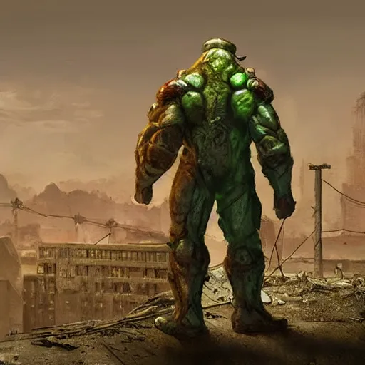 Prompt: fallout concept art green supermutant render grim realistic lighting unreal engine 5