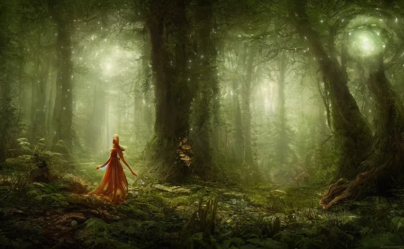 Image similar to a joyful fairy queen, in a dark forest, telephoto, rule of thirds, symmetry, beautiful, magical, fireflies, mysterious matte painting by greg rutkowski and marc simonetti and ivan shishkin, 4 k