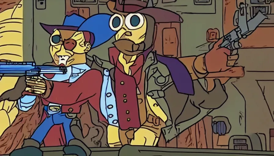 Image similar to saturday morning cartoon show about an wild west owl dressed up as a gunslinger vigilante with a eye mask, screenshot from 1990s animated show