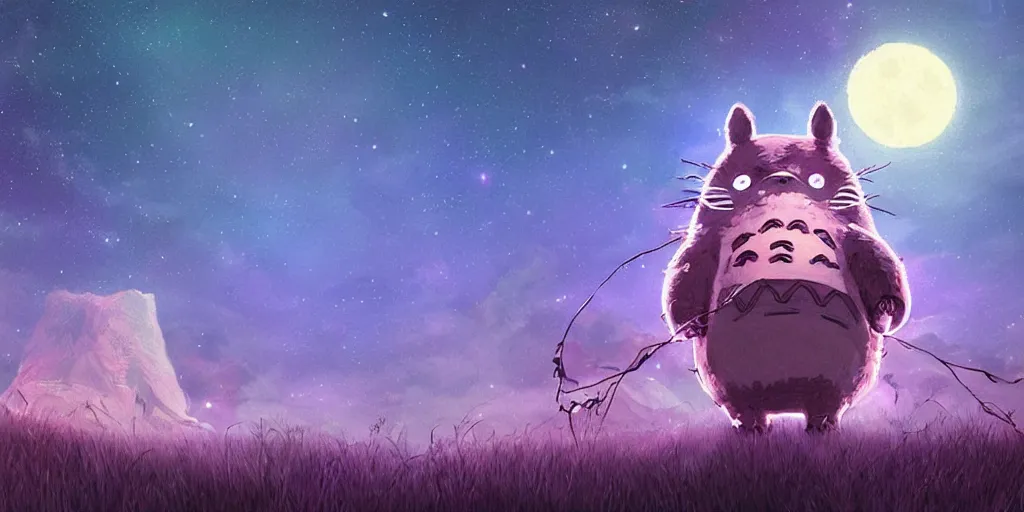 Image similar to glowing wireframe totoro, forest god of princess mononoke, mountain landscape, night sky, digital art, digital painting, celestial, majestic, colorful