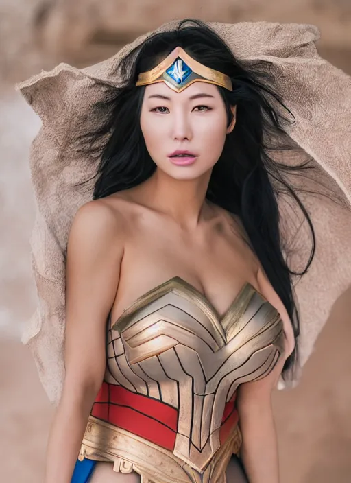 Image similar to portrait of a korean woman that looks like lindsey pelas on the set of wonder woman, by charlotte grimm, natural light, detailed face, canon eos c 3 0 0, ƒ 1. 8, 3 5 mm, 8 k, medium - format print, half body shot