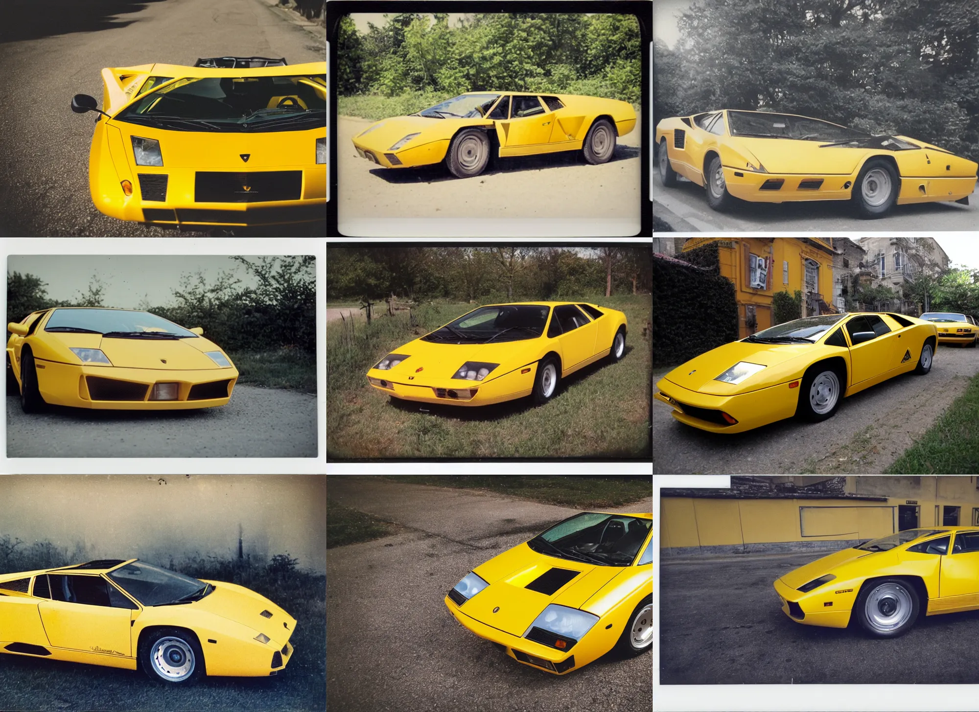 Prompt: old polaroid shots of a yellow lamborghini