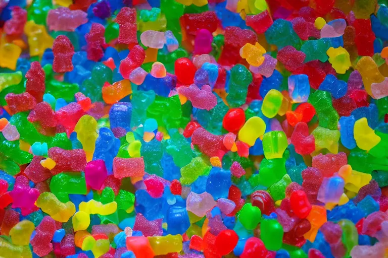 Image similar to desert oasis made of gummy candy, 8 5 mm bright - light photography,