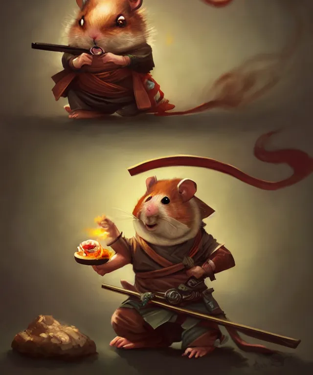 Image similar to anthropomorphic hamster ninja eating sushi, ninja outfit, standing in a buddhist temple, cute and adorable, dnd character art portrait, well rendered matte fantasy painting, deviantart artstation, by jason felix by steve argyle by tyler jacobson by peter mohrbacher, cinematic lighting