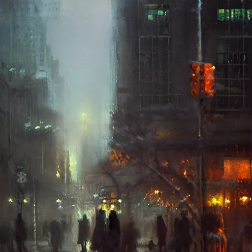 Image similar to detailed street scene, volumetric lighting, painting by jeremy mann