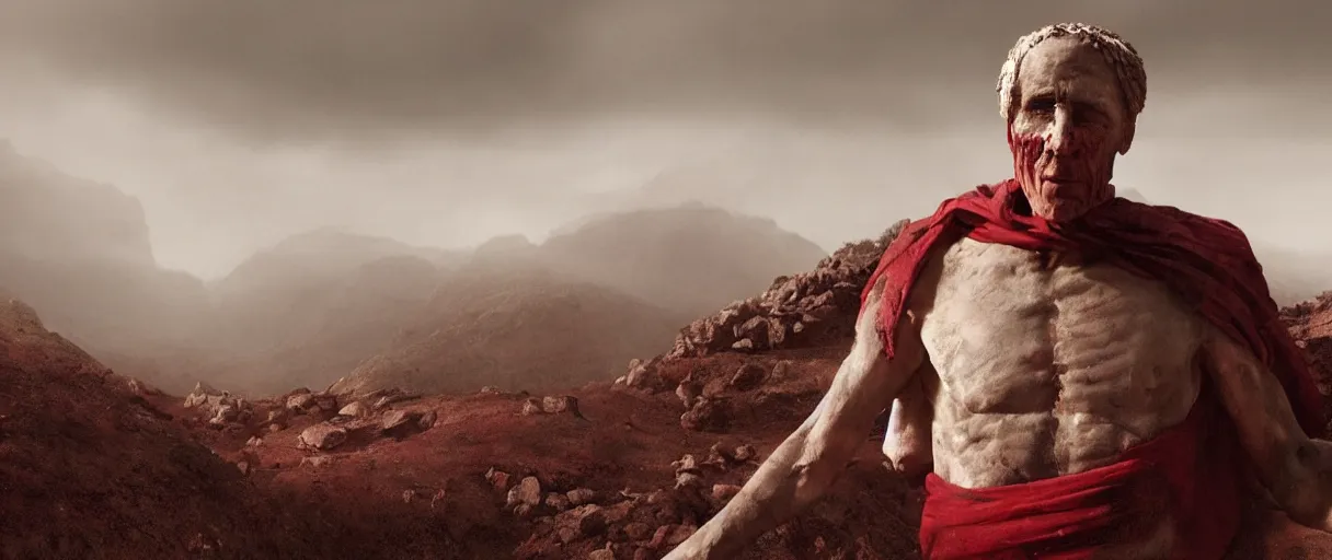 Image similar to the end is near. a tired and exhausted julius caesar somewhere in the atlas mountains. face is highly detailed. splices of red are running down his toga. mist. the soil is red. strong winds. dramatic sky. low angle wide shot. atmospheric. global illumination. octane render. imagined by jeremy lipking, greg rutkowski and eddie mendoza.