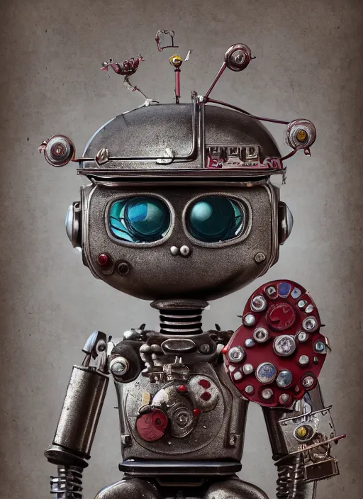 Image similar to closeup portrait of tin toy robot kitty trap, depth of field, zeiss lens, detailed, symmetrical, centered, fashion photoshoot, by nicoletta ceccoli, mark ryden, lostfish, breathtaking, 8 k resolution, extremely detailed, beautiful, establishing shot, artistic, hyperrealistic, octane render