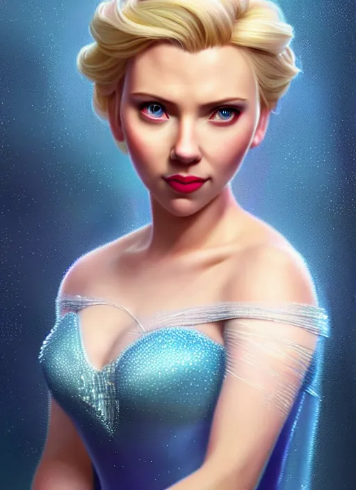 Image similar to scarlett johansson as Elsa from Frozen, au naturel, hyper detailed, digital art, trending in artstation, cinematic lighting, studio quality, smooth render, unreal engine 5 rendered, octane rendered, art style by klimt and nixeu and ian sprigger and wlop and krenz cushart