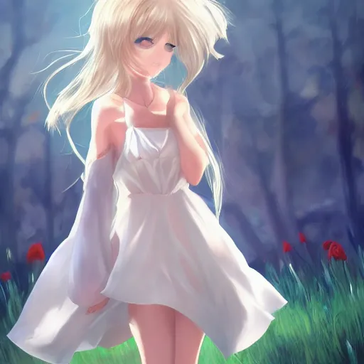 Image similar to a girl, white sundress, red scissors, anime art, smooth, hd, pixiv, artstation