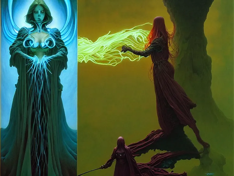 Prompt: the female arcanist and the male artificer by michael whelan and roger dean and brom and zdzisław beksinski and greg staples and donato giancola, beautiful, flowing magical robe, highly detailed, hyperrealistic, intricate, energy, electric, blue flame, low light, green crystal, high contrast, old and young, lifelike